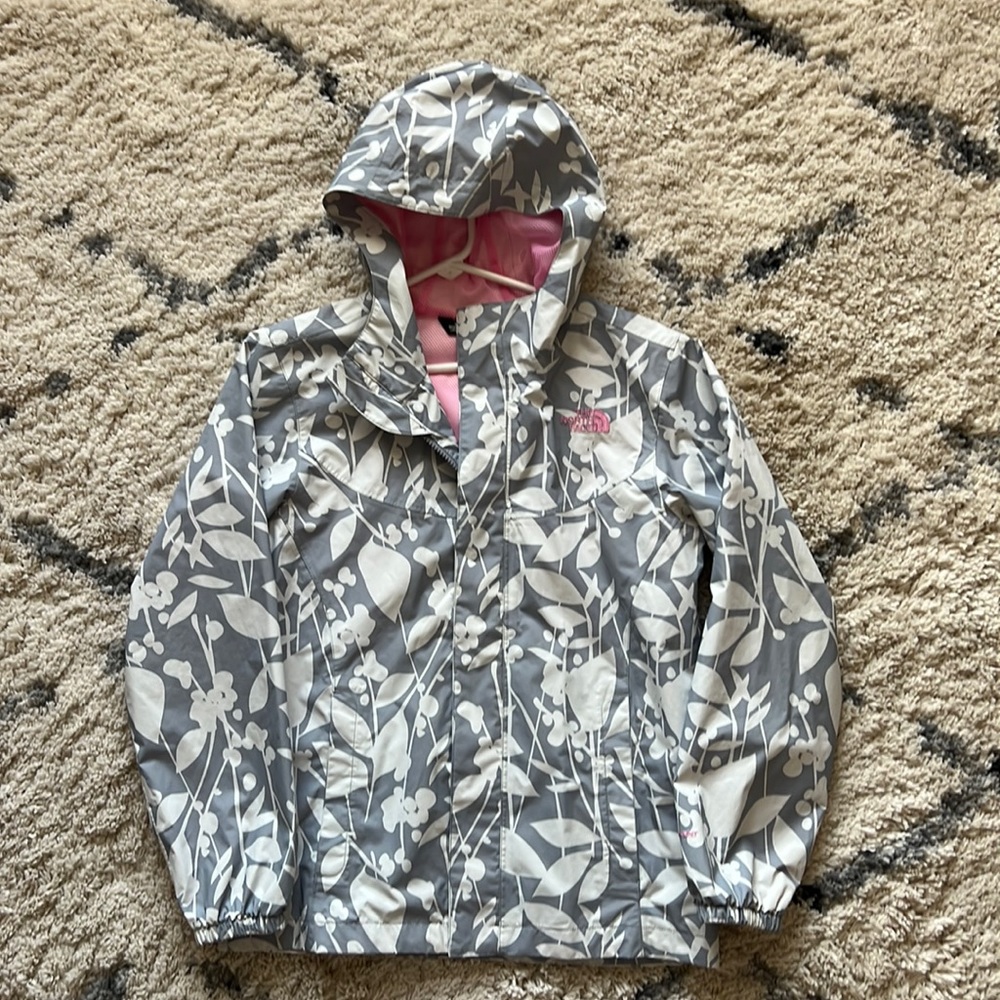 The North Face rain coat, girls large 14/16, gray/pink